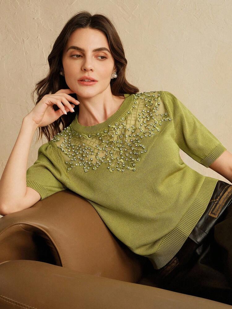 New Arrival Embroidered Short Sleeve T-Shirt, Knitted Icy Silk Lace Patchwork Design, Fashionable High-End Delicate Slimming Elegant Women Sweater Knit Top
