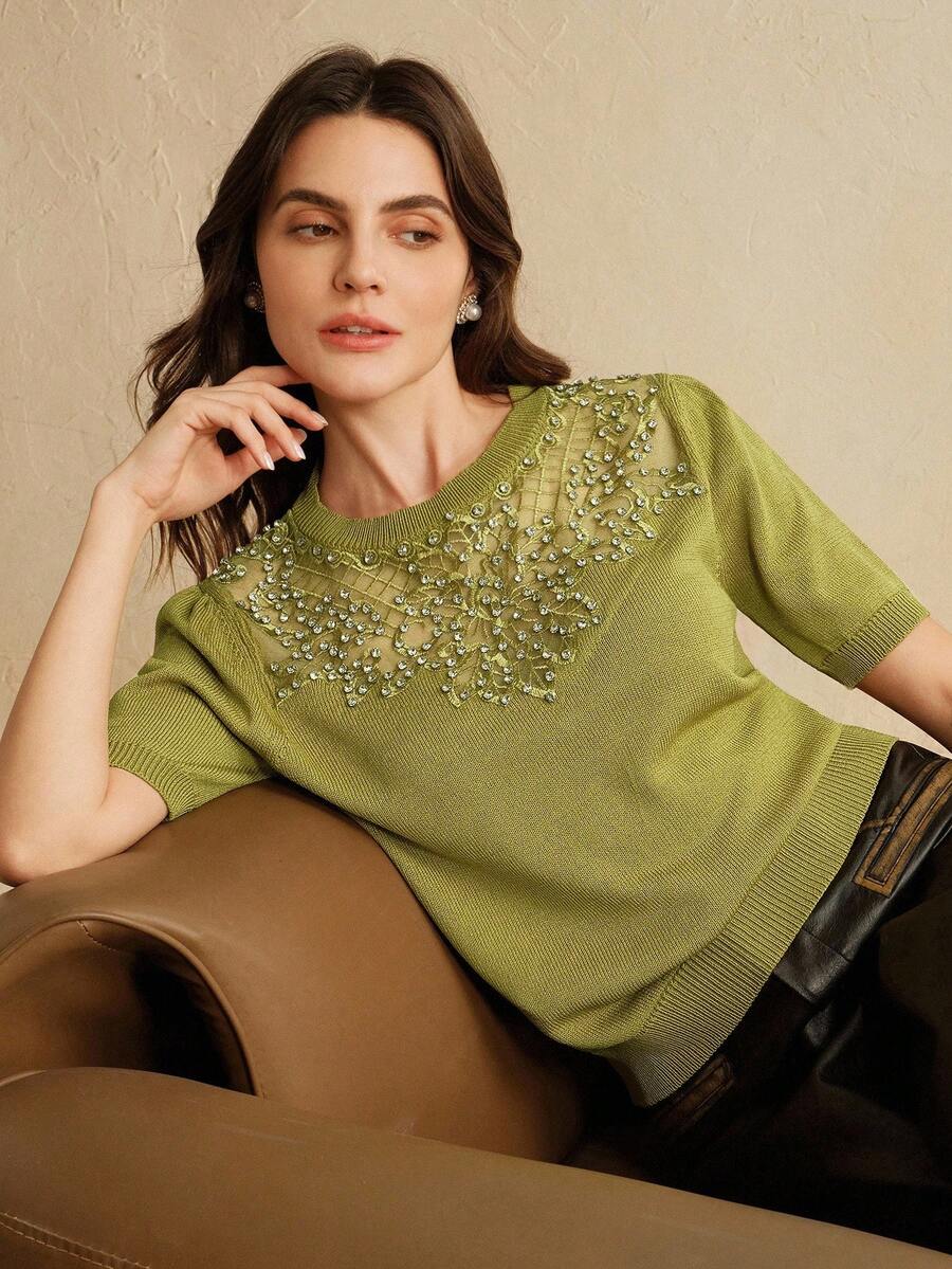 Anewsta Nuova Maglietta a Maniche Corte Ricamata, Design Elegante in Seta Lavorata a Maglia con Inserti in Pizzo, Maglione Elegante e Raffinato da Donna di Alta Gamma