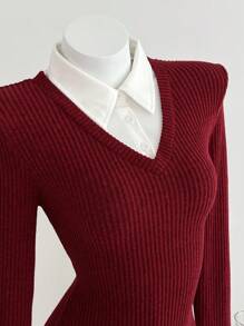 SHEIN Unity Váy ngắn tay dài cổ bèo nhún đôi thời trang ngoài trời cho nữ, thu/đông, chất liệu vải gân mềm mại, màu tương phản, thích hợp mặc ngoài trời khi trở lại trường - Nhiều màu - Xem 3