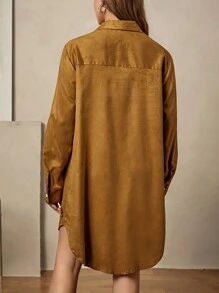 Zelara 大码女装秋冬白色外出口袋连衣裙纯棉衬衫领万圣节冬季仙女裙古着风格女装秋冬装女装服装外出服女长袖秋冬连衣裙 - 棕色 - 查看 2