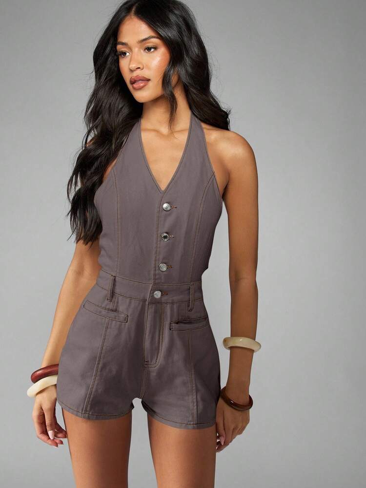 MISSGUIDED Vintage Inspired Halter Neck Button Through Playsuit Denim Style Romper Festival Summer Jumpsuit Casual Shorts Dungaree