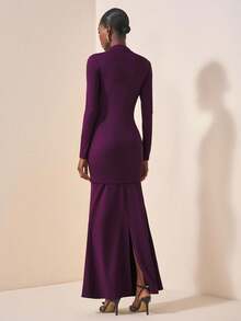 Zivah Vestido longo feminino plissado, elegante, casual, roxo, slim, manga comprida, com decoração de metal, para outono e inverno 2025, adequado para viagens, deslocamento diário, festa, férias, estilo tradicional, compras, banquete, elegante, festa, encontro, casual - Borgonha - Ver 3