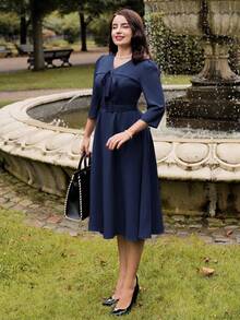 Vintamour 复古优雅女士中长连衣裙，夏秋季修身蝴蝶结腰泡泡袖连衣裙，卡其色感恩节女装秋季服装优雅女士连衣裙蝴蝶结连衣裙情人节情人节服装女士连衣裙优雅教堂服装女士红色连衣裙优雅 - 藍色 - 查看 4