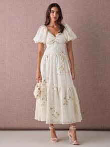 Enchnt 女式 V 领扭纹前泡泡袖 A 字长连衣裙 - 杏色 - 查看 1