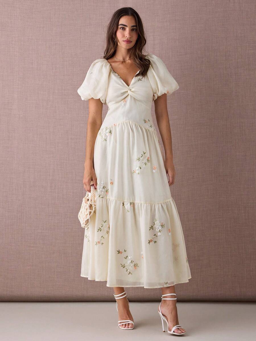 Enchnt 女式 V 领扭纹前泡泡袖 A 字长连衣裙 - 杏色 - 查看 1