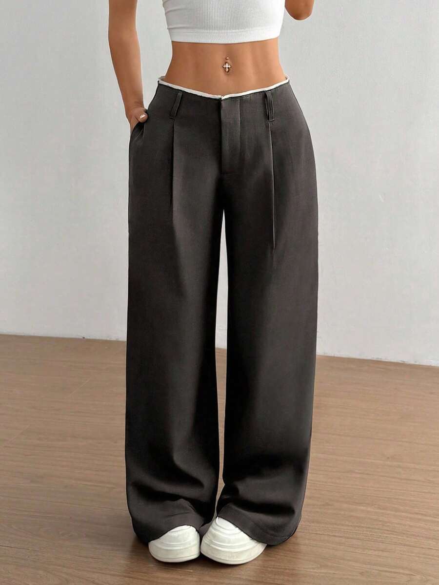 Flirla 女士时尚修身直筒裤，百搭 - 深灰色 - 查看 1