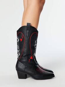 ROMWE Goth Women's Hollow Design Butterfly Wing Embroidery Western Boots, New Spring/Autumn Leather Thigh-High Boots - Black - View 4