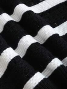Sweetra Minimalistyczny i uroczy sweter damski w czarno-białe paski z rękawami typu latarnia i okrągłym dekoltem, jesień/zima - Czarne - Zobacz 4