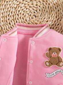 SHEIN 1 Áo khoác bóng chày dáng rộng phối màu thời trang thu/đông mới cho bé gái, in hình gấu phía trước, giản dị và dễ thương - Hồng - Xem 7