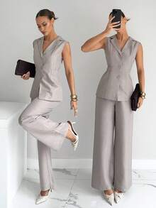 Siren Gaze New Linen Suits, Old Money Style High-End Commuter Waist Sleeveless Suits For Women, Autumn Women's Clothing, Office Clothing, Casual Commuter Women's Clothing Summer Elegant - Apricot - View 5