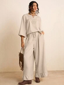 SHEIN LUNE Plus Size 2pcs Casual Matching Set,Embroidered Blouse And Ruffle Hem Pants With Pockets,Women's Linen Lounge Sets,Beige,Autumn,Boho,Vacation Outfits - Apricot - View 4