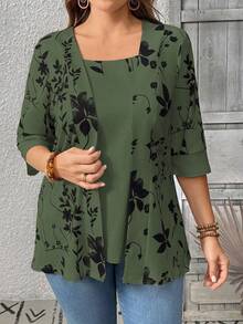 EMERY ROSE Summer Women's Floral Leaf Printed Patchwork 2 In 1 T-Shirt Graphic Tees Women Tops - Dark Green - View 3