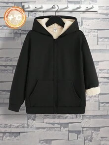 SHEIN Tween Boy's Fashionable & Versatile Thermal Lined Hoodie, Autumn/Winter Fall - Apricot - View 8