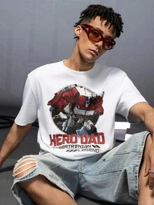Transformers X SHEIN Men's Casual Fashion Street Robot & Letter Print Short Sleeve White T-Shirt, Summer - White - View 1