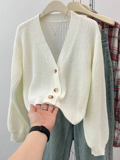 SHEIN Teen Girls' Solid V-Neck Cropped Casual Loose Drop Shoulder Long Sleeve Cardigan Sweater, Autumn Fall Winter