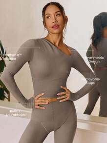 GLOWMODE Áo FeatherFit™ - Chất liệu mềm mại, co giãn, cổ áo bất đối xứng, xếp ly, có lỗ xỏ ngón tay, tay dài, thích hợp cho yoga, pilates, tập luyện, mặc hàng ngày, có mút ngực tháo rời, mùa xuân hè. - màu nâu - Xem 3