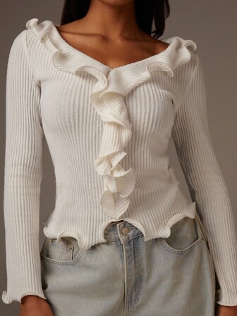 Athîral 女式秋季纯色荷叶边V领长袖上衣