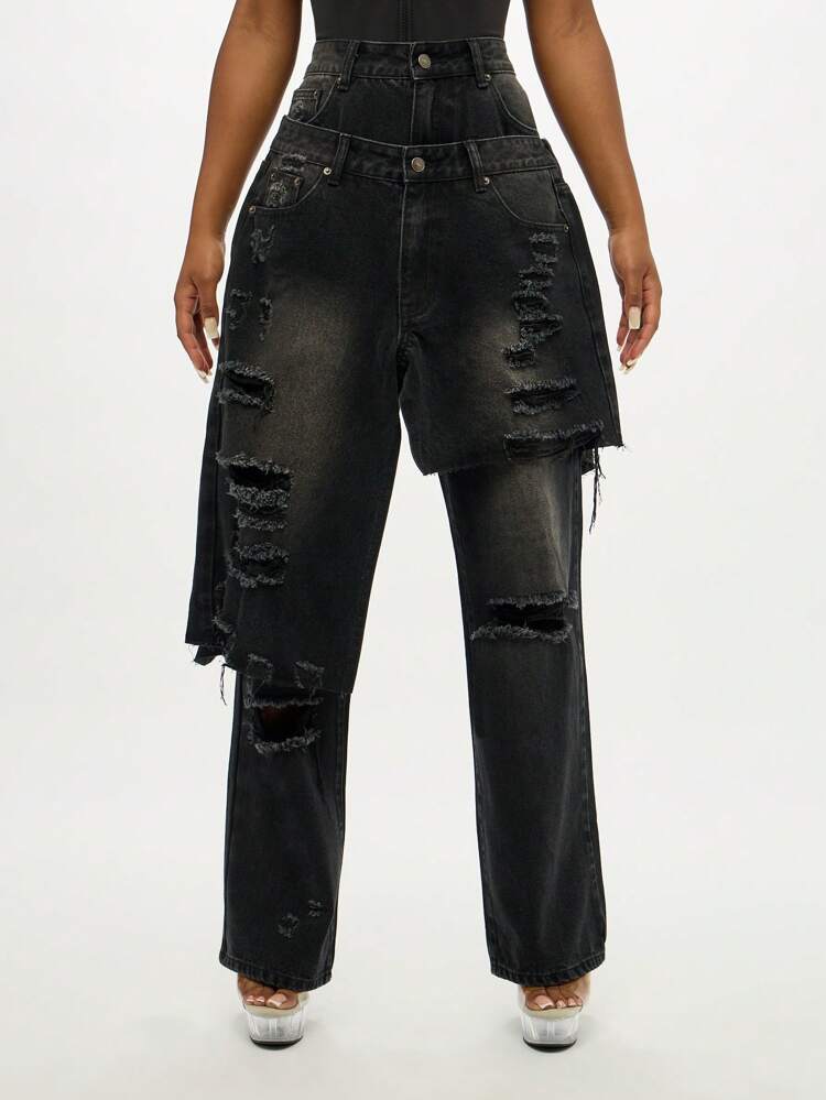 SUMWON WOMEN Double Waistband Wide Leg Distressed Denim With Rips