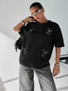 SHEIN Bộ 2 món gồm áo croptop và quần ống đứng. - màu đen - Xem 3