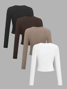 Chiquease 4pcs Women Casual Solid Color Round Neck Long Sleeve Short Style T-Shirt Set, Autumn/Winter Fall Cloth For Women