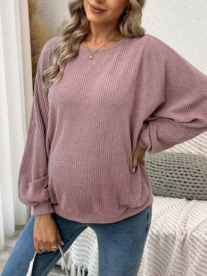 SHEIN 孕妇纯色圆领蝙蝠袖长袖宽松休闲运动衫