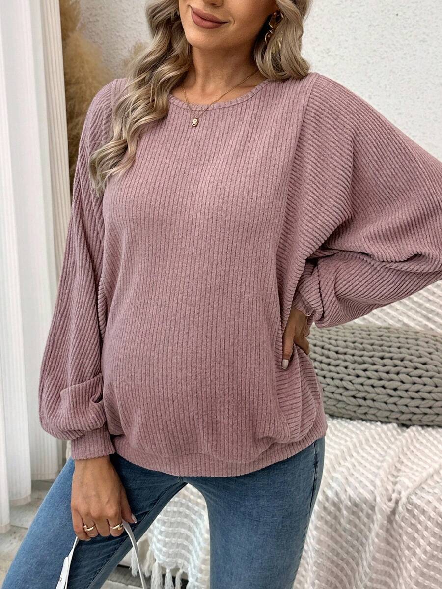 SHEIN 孕妇纯色圆领蝙蝠袖长袖宽松休闲运动衫 - 藕粉色 - 查看 1