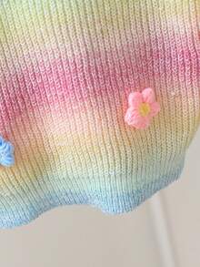 SHEIN Jersey de manga larga con cuello redondo, decoración de flores 3D y rayas de colores para niñas jóvenes - Multicolor - Ver 5