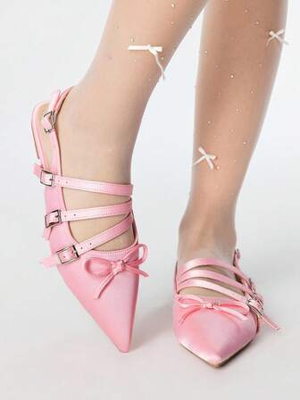 Kawaii Scarpe eleganti da donna in stile gotico, in raso di seta con punta affusolata, senza lacci, con decorazione fiocco, versatili per festa, uso quotidiano, abbigliamento da sera