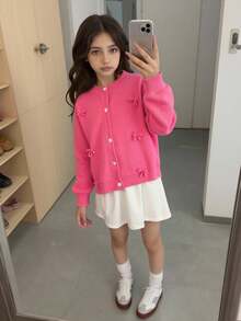 Tween Girls Cardigans Regular Style Girls Bowknot Cardigan, Suitable For Outdoor Wear In Autumn/Winter, Suitable For Home Scenes, Suitable For Children To Play And Wear Back To School, Pink Fall - Hot Pink - View 2