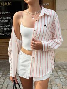 Jouncy 女式骑士刺绣条纹长袖休闲防晒衬衫 - 藕粉色 - 查看 4