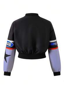 青少年女孩夹克外套，休闲街头赛车摩托车印花棒球夹克，适合搭配皮裤、长裤、中长裙、秋装 - 彩色 - 查看 2