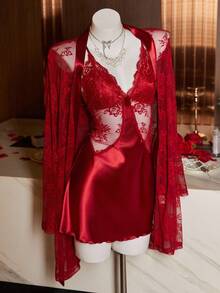 SilkySpell 蕾丝边长袍和蕾丝拼布性感吊带睡袍套装 - 酒紅色 - 查看 8