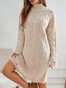 SHEIN Tall Rochie de damă înaltă, cu guler înalt, cu mânecă lungă, casual, tricotată, cu guler înalt - Caisă - Vizualizare 4