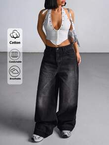 CasuGlow Women's Casual Washed Wide Leg Jeans Women S Outfits Work Outfits For Women Womens Set Women S Clothes Women Summer Clothing Women S Summer Shirts Wide Leg Jeans Woman - Black - View 1