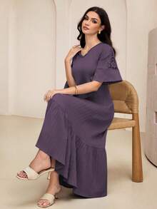 Lacomfia 2025年夏季新款女士V领褶皱A字连衣裙 - 紫色 - 查看 1