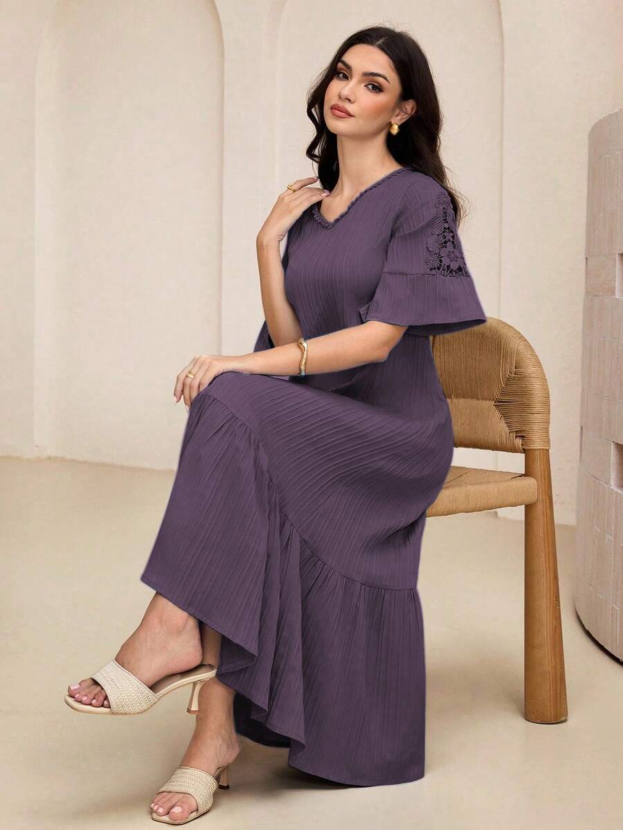 Lacomfia 2025年夏季新款女士V领褶皱A字连衣裙 - 紫色 - 查看 1