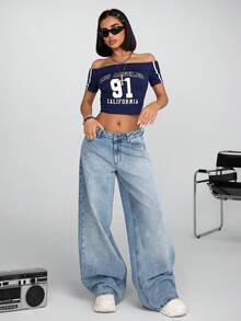 100% 纯棉女式低腰阔腿中号蓝色 Y2K 风格宽松牛仔裤 - 中等水洗藍 - 查看 5