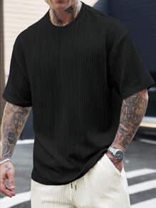 Manfinity Homme Men's Casual Solid Color Knitted Jacquard Fabric Short Sleeve T-Shirt, Summer - Black - View 6