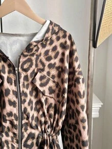 SHEIN EZwear Plus Size Leopard Print Drawstring Hooded Jacket, Casual For Spring And Autumn Winter Fall - Multicolor - View 4