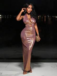 BamGleam Váy khoét lỗ kim loại gợi cảm cho nữ - Vàng - Xem 4