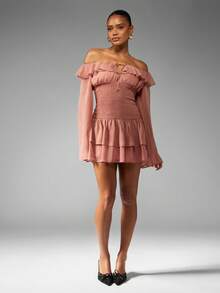 MISSGUIDED Off Shoulder Ruffle Mini Dress With Bell Sleeves Smocked Waist Evening Party Wedding Guest Spring Summer - Camel - View 3