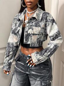 BamGleam Camouflage Utility Cropped Long Sleeve Metal Button Jacket - Light Grey - View 3