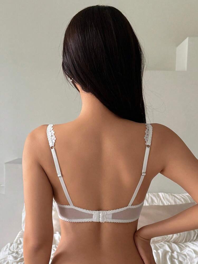 White Lace Patchwork Semi-Sheer Lightly Padded Adjustable Spaghetti Strap Women Bra Lingerie For Women