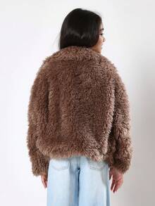 SUMWON Fluffy Teddy Bear Coat Winter Warm Plush Jacket Oversized Shaggy Cozy Outerwear Girls Teen Fashion Faux Fur Fuzzy Brown Coat For Cold Weather Vacation - Brown - View 2