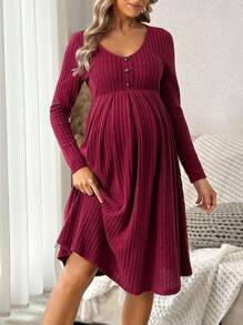 Cheriluna Maternity Maternity Solid Ribbed Collar Buttoned Front Midi Dress, Casual Round Neck Long Sleeve, Spring/Autumn - Burgundy - View 4