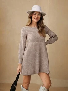 Wildy Lantern Sleeve Ribbed Knit Sweater Dress,Fall Dress - Apricot - View 5