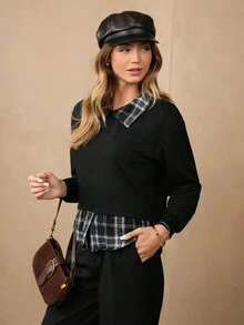 Wildy 对比色格纹印花领口和下摆运动衫、长袖上衣 - 黑色 - 查看 5