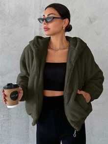 SHEIN Cottnline 女士帶有襯衫式領子的帽裝羊毛外套 - 卡其色 - 查看 6