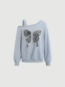 Sweetra New Casual Asymmetrical Shoulder Women Sweatshirt, Grey Embroidered Bow Oblique Shoulder Sweatshirt, Spring/Autumn Pullover Fall - Grey - View 1
