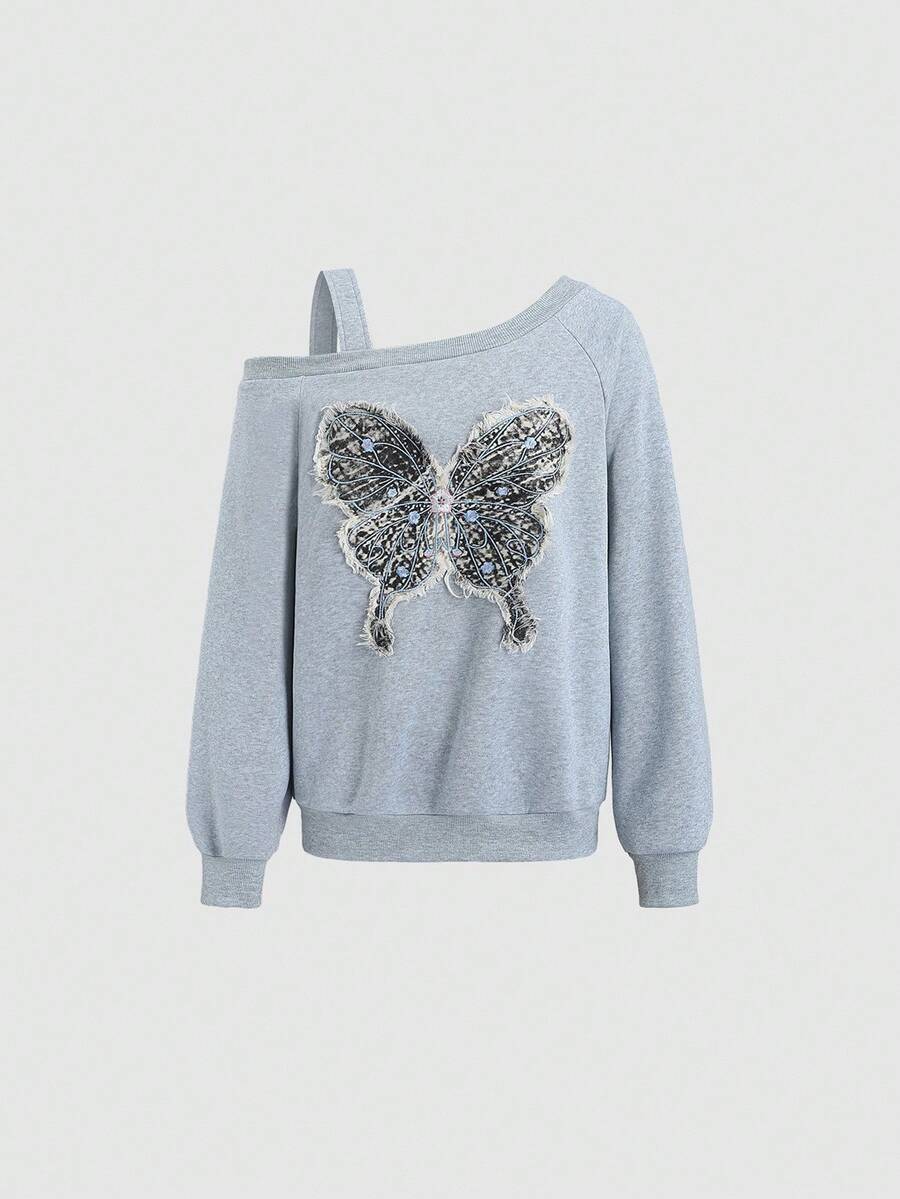 Sweetra New Casual Asymmetrical Shoulder Women Sweatshirt, Grey Embroidered Bow Oblique Shoulder Sweatshirt, Spring/Autumn Pullover Fall - Grey - View 1